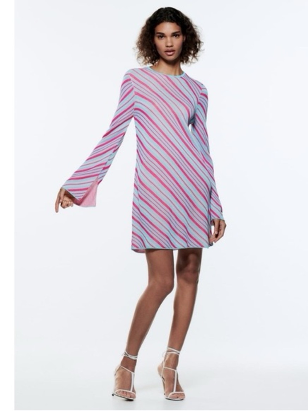 Zara Striped Long-Sleeve Shift Dress in Pink and Light Blue